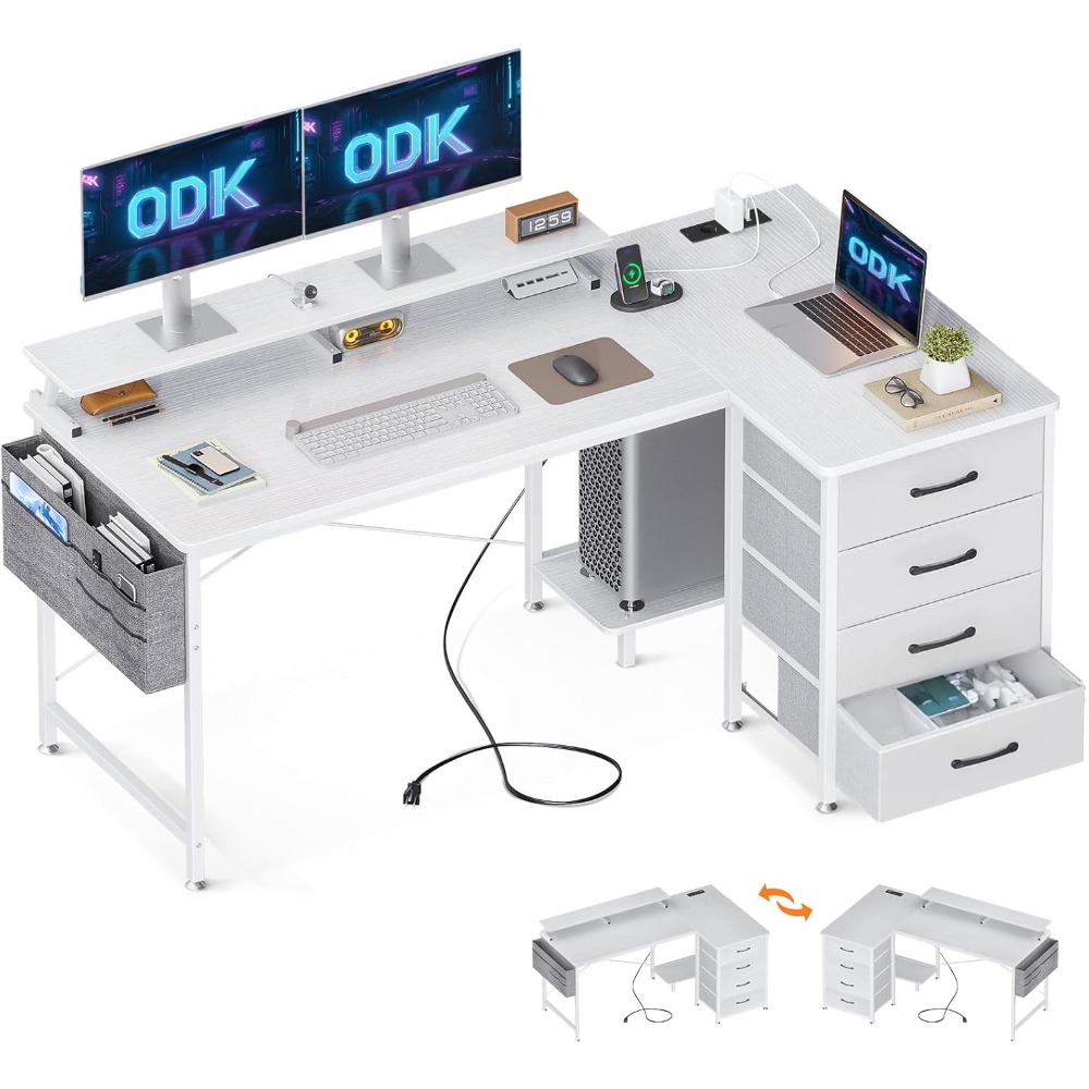 Escritorio esquinero con 4 cajones, escritorio L Reversible con 2 puertos de carga USB y 2 enchufes, mesa L con estante para Monitor para el hogar y la Oficina