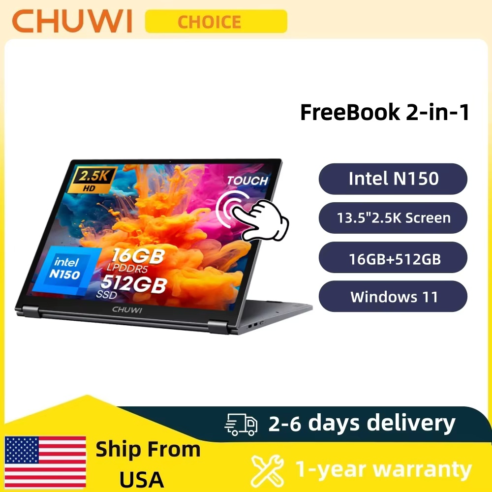 CHUWI FreeBook 2-in-1 タッチスクリーン ノートパソコン 13.4インチ Intel N150 16GB LPDDR5 RAM 512GB SSD FHD 2520x1680 WiFi6 BT5.2 Windows 11