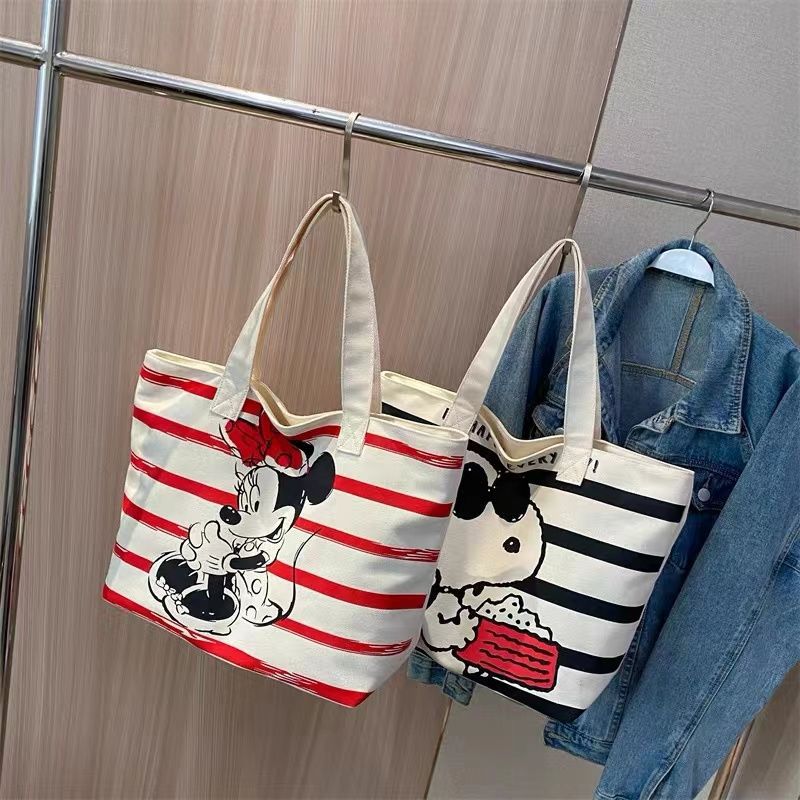 Bolsa tote estampada Snoopy Minnie Mouse, bolsa de ombro, bolsa escolar de estudante, sacola, bolsa para troca, sacola de compras