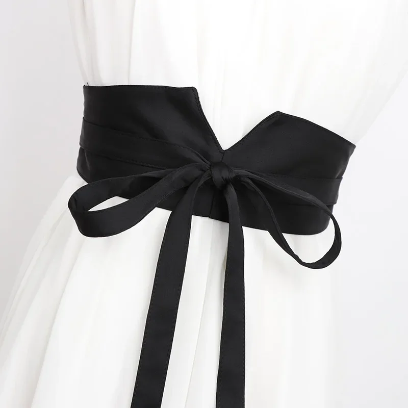 Cinturón de vestir diario con estilo para mujer, corsé de cintura ancha negro de satén adornado, cinturón accesorio de kimono de estilo japonés importado, 2024