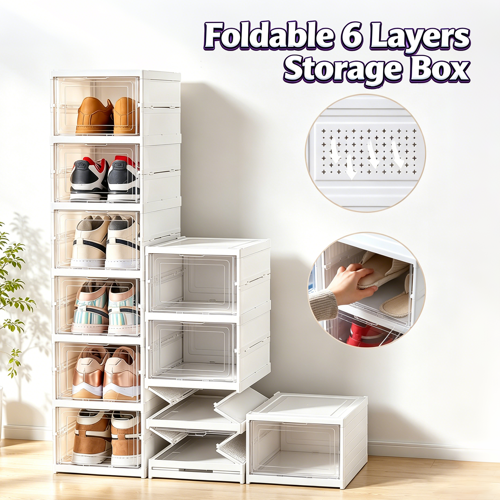 Caja de Almacenamiento de Zapatos Plegable de 6 Niveles, Organizador de Zapatos Transparente Apilable con Diseño a Prueba de Polvo y Agua, Estante de Plástico para Zapatos Deportivos para Armario del Hogar