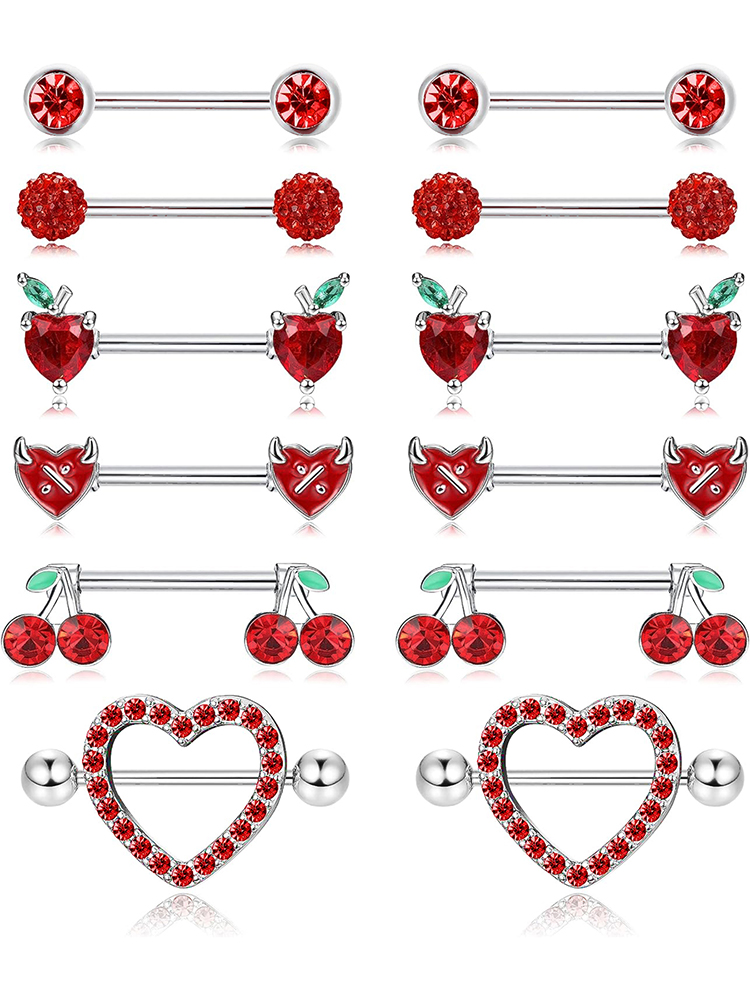 KUNIU, 12 Uds., moda y2k, forma de corazón, manzana, cereza, fruta, pequeño diablo, anillo en forma de corazón para el pecho, conjunto de joyería para Piercing corporal para mujer