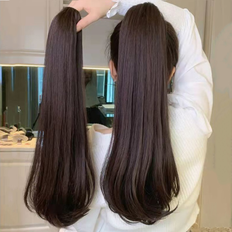สังเคราะห์ 16 นิ้ว/20 นิ้วยาวตรงคว้าคลิปในต่อผมหางม้า Hairpiece สีดําสําหรับผู้หญิงอุปกรณ์เสริมผม