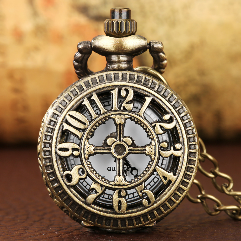 Winzige süße Bronze-Halskettenuhren für Kinder und Damen, Quarz-Taschenuhr, arabische Ziffern, Zifferblatt, exquisite Taschenuhr, kleine Größe