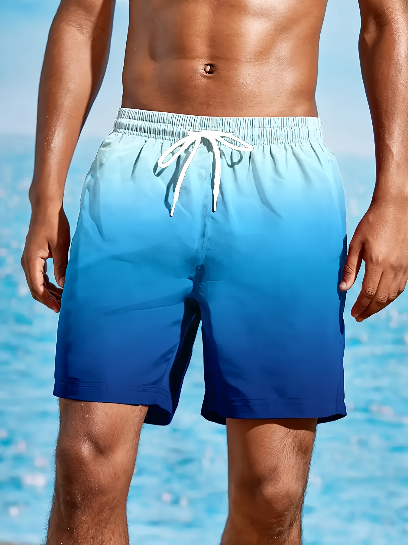 Herren Sommer Schnelltrocknende Badeshorts, Hell- bis Dunkelblau Farbverlauf Ombre Kordelzug Taille Strandshorts mit Taschen