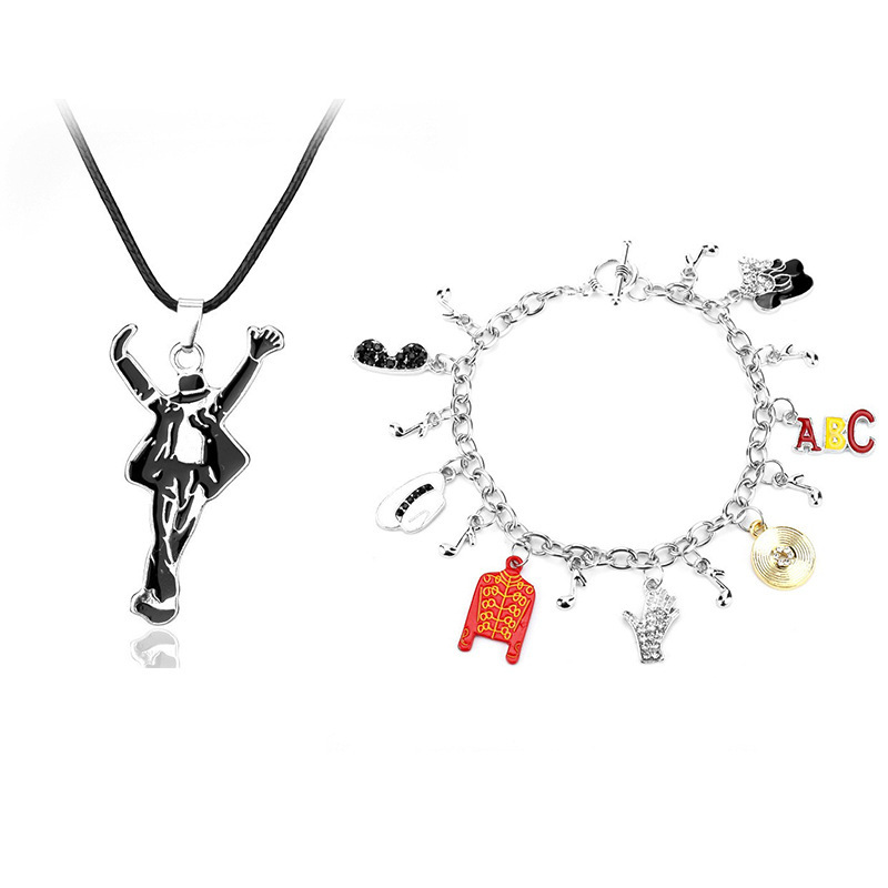 Michael Jackson Retro Musik-Element Charm-Armband Tanzende Figur Halskette Deko Silberkette Schmuck Erwachsenen Street Style Alltagsschmuck