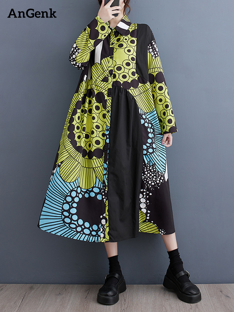 Long Sleeve Vintage Pattern Print Shirt Dresses For Women New Loose Casual Midi Dress Fashion Elegant Clothes Spring Autumn 2026
