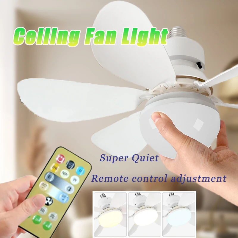 Ventilador de Teto LED E27 com Controle Remoto, Dimerizável, 3 Velocidades Ajustáveis, Adequado para Sala de Estar, Estudo e Uso Doméstico