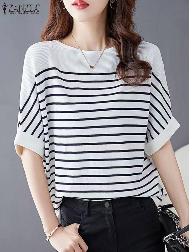Zanzea-Blusa elegante listrada feminina com retalhos, meia manga de escritório, tops casuais soltos de túnica com o pescoço, camiseta verão, moda, 2022