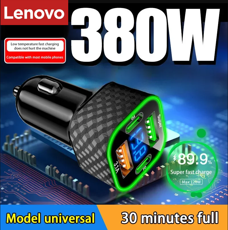 Автомобильное зарядное устройство Lenovo SUPER FAST 380W 4-в-1 с USB-адаптером для прикуривателя и QC3.0, универсальное для всех автомобилей, грузовиков и внедорожников
