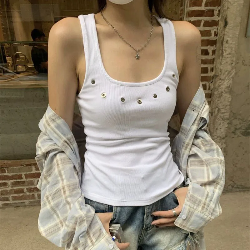 Lucyever-Streetwear vintage americano para mulheres, colete fino sem mangas, camis preto e branco, camiseta feminina casual de praia, colete de verão, Y2K