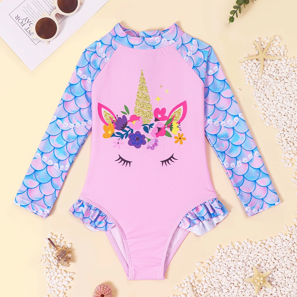 Traje de baño de manga larga con volantes para niña pequeña, traje de baño de una pieza con cremallera, traje de baño hawaiano para niños, camisas de baño de unicornio para surfear