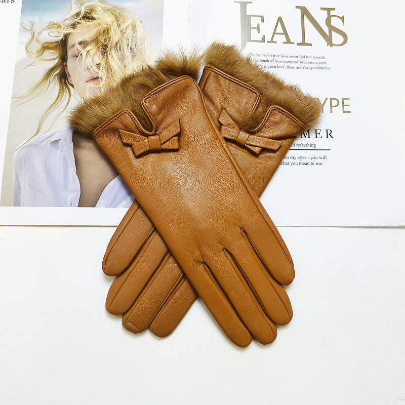 Guantes de mujer con lazo de piel de oveja con forro de terciopelo cálido y guantes de conducción de cuero genuino