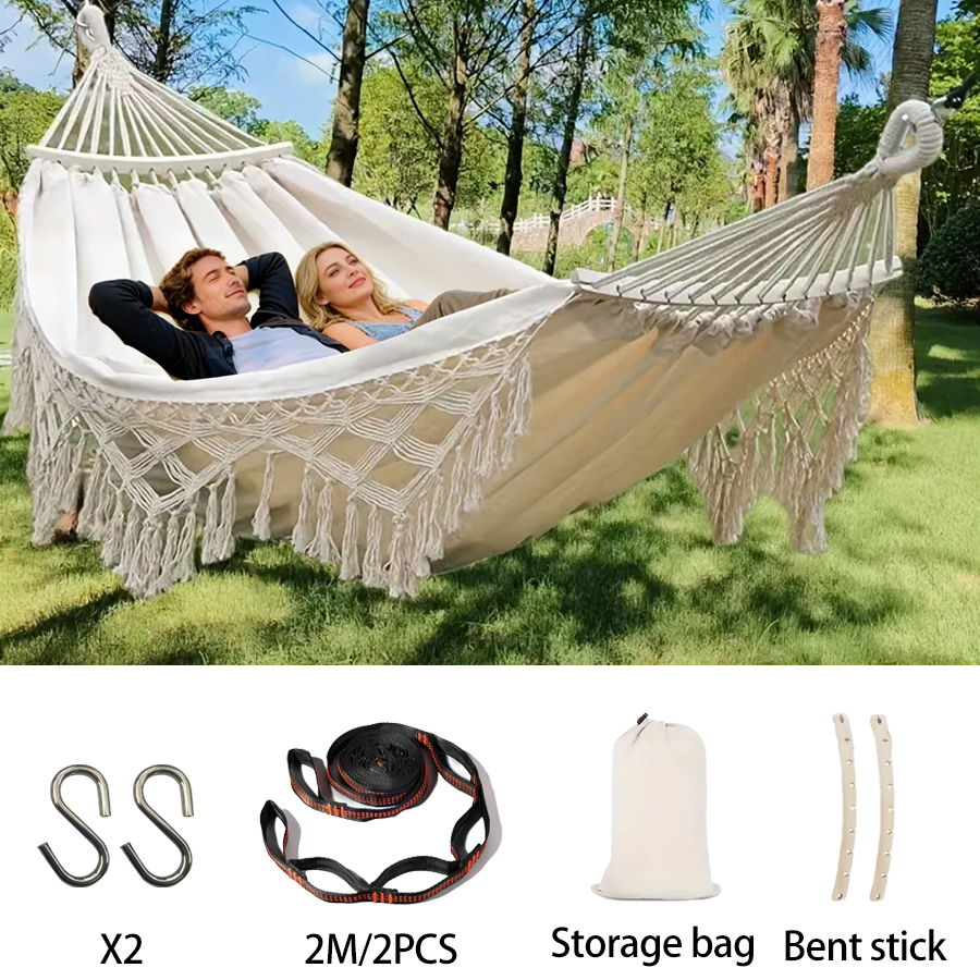 Klassieke Boheemse stijl hangmatset met dubbele bloemmotief en kwastjes. Compleet met accessoires en anti-kantel ontwerp. Geschikt voor de tuin