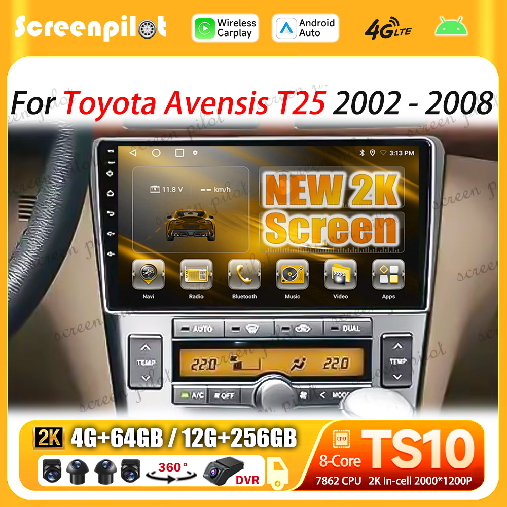 Reproductor Multimedia Android 16 para Toyota Avensis T25 2002-2008, 2 Din, GPS, Navegación, Mirror Link, Android Auto Inalámbrico, 5G