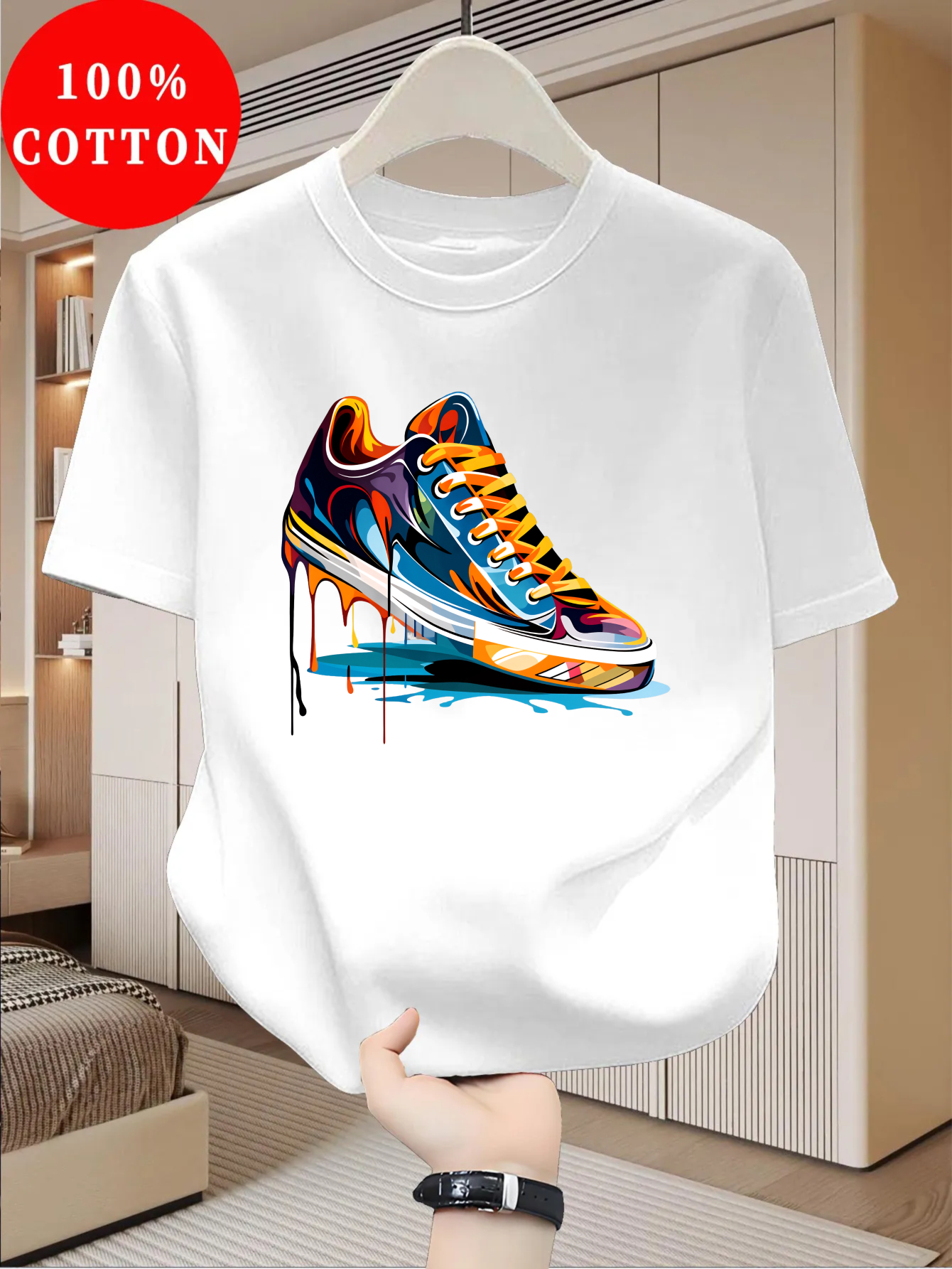 Summer Men's 100% Cotton Casual Personalized Trendy Sneakers Graffiti Printed Loose Round Neck Short Sleeve T-shirt