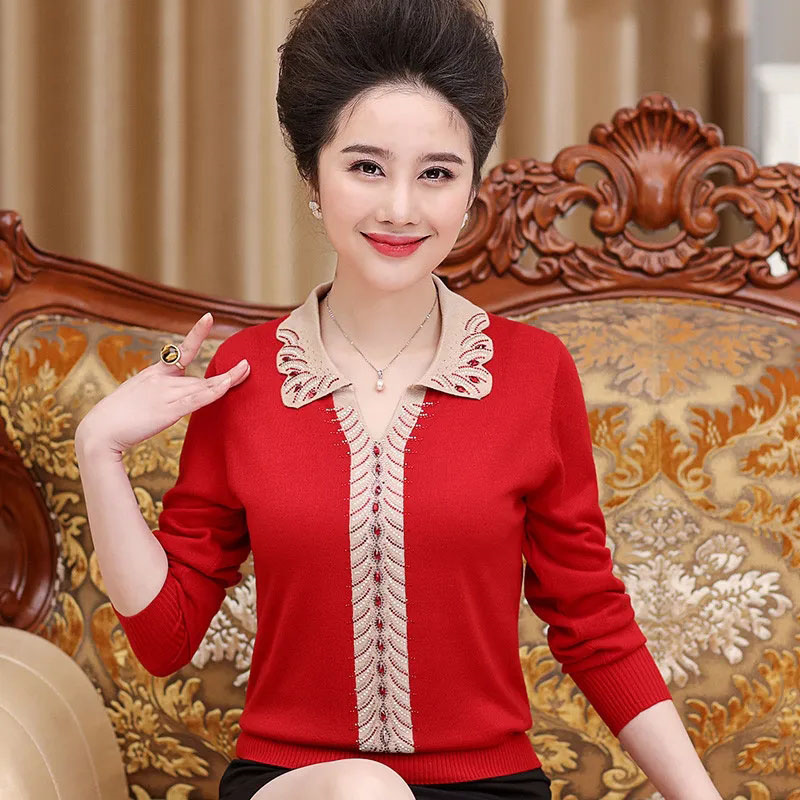 Sweater dan Pullover ibu, baju hangat rajut wanita usia sedang kerah Lapel kasual, Jumper berlian mode longgar musim gugur