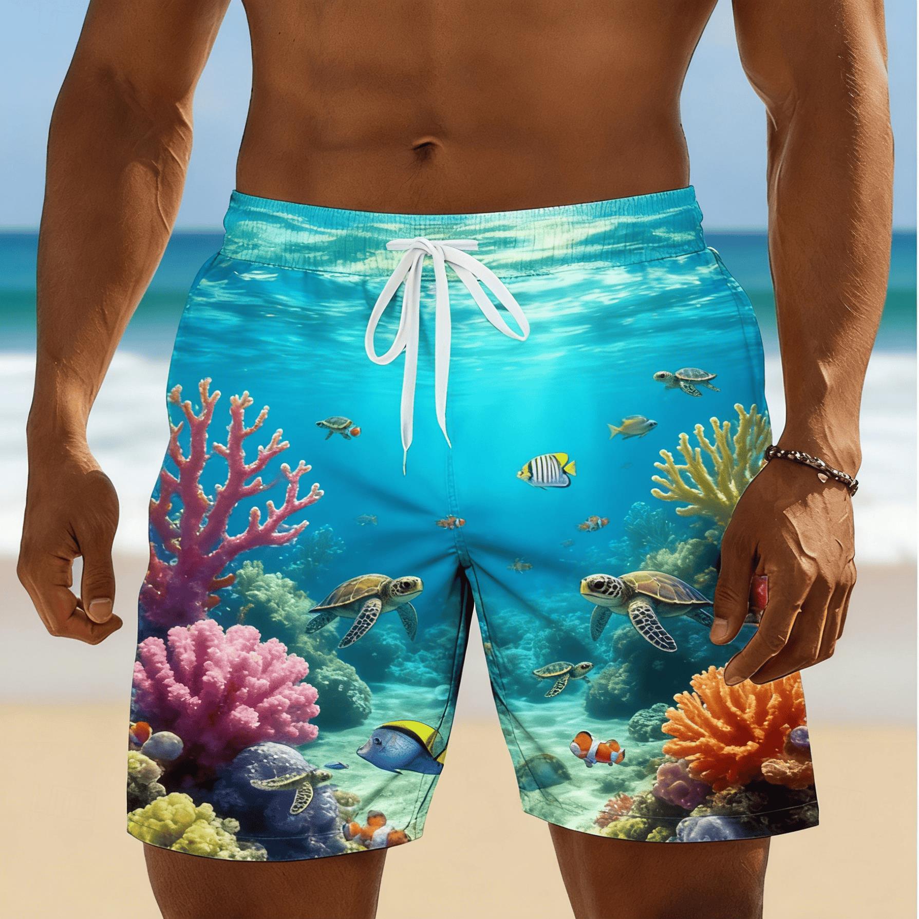 Shorts de Playa para Hombre con Estampado de Tortuga Marina y Coral, Transpirables, Casuales, para Vacaciones de Primavera/Verano