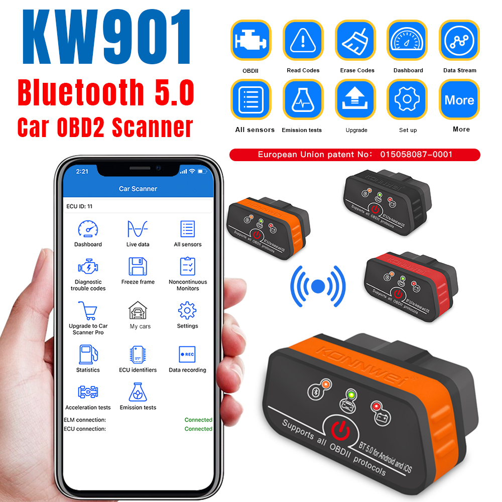 Новый KONNWEI KW901 ELM327 V1.5 Bluetooth5.0, автомобильный сканер OBD2, Android/IOS, автомобильный диагностический инструмент, считыватель кодов, pk Vgate ICAR2
