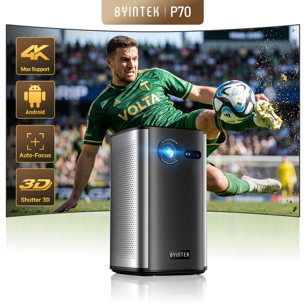 BYINTEK P70 โปรเจคเตอร์ 4K 1080P DLP มินิแบบพกพาโปรเจคเตอร์โฮมเธียเตอร์สมาร์ท Wi-Fi และ Bluetooth สําหรับภาพยนตร์และเกมแบตเตอรี่
