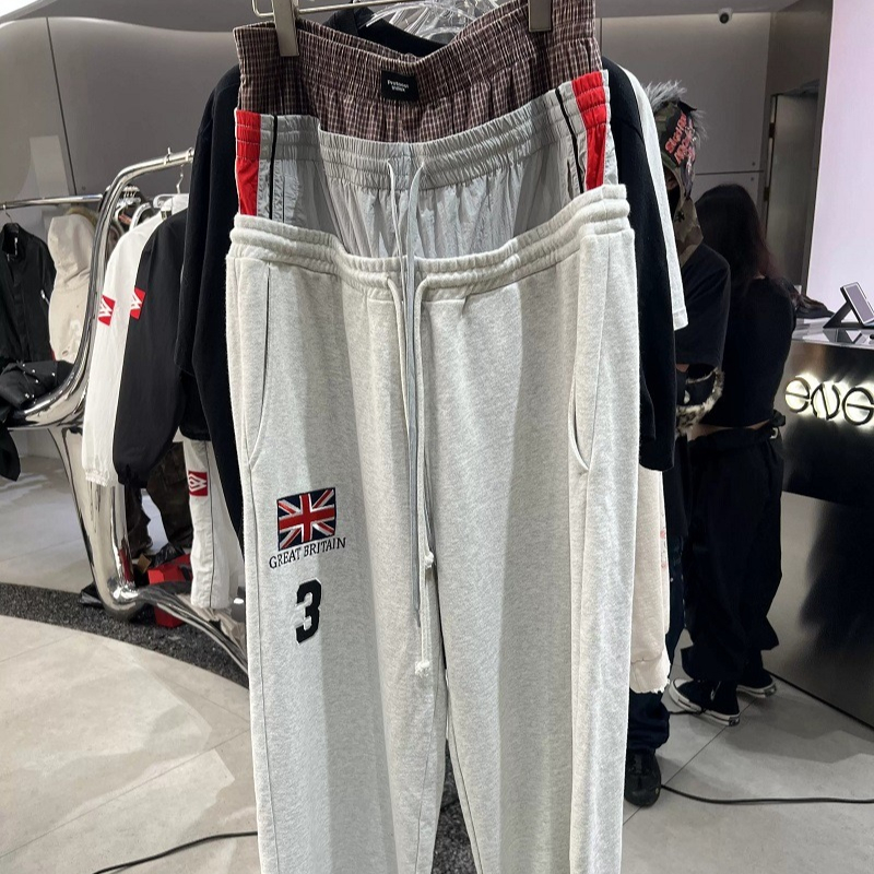 Pantaloni Casual con Bandiera Ricamata e Lettere Stampate, Stile Hip-hop High Street, Finto Tre Strati