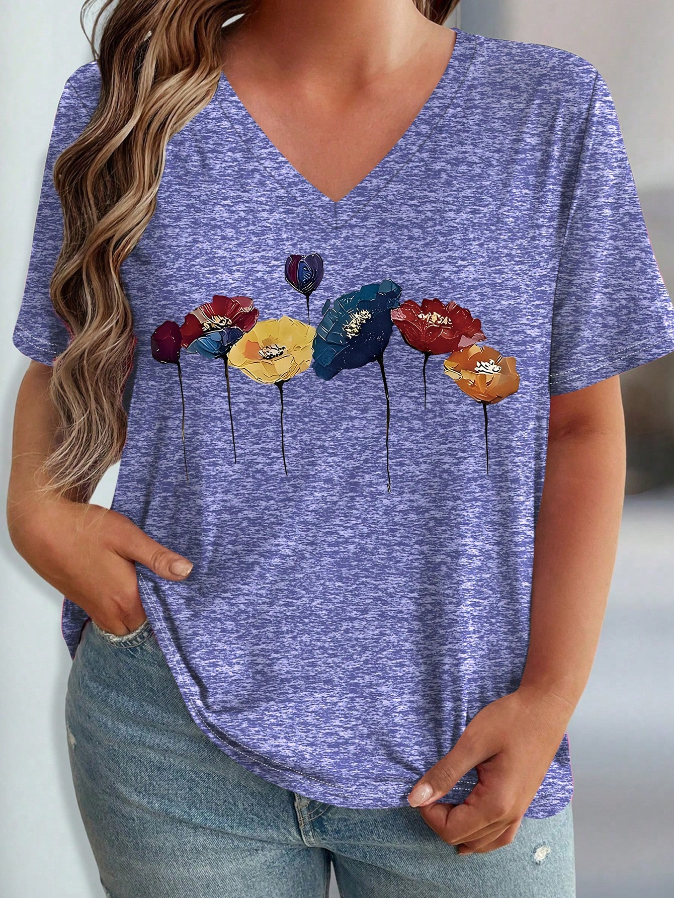 Koszulki plus size z kwiatowym wzorem, letnie, modne, wysokiej jakości, z krótkim rękawem, codzienne, sportowe, z dekoltem w serek, wkładane przez głowę.