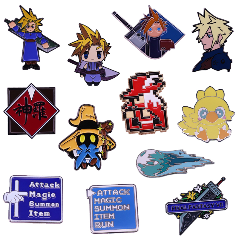 Final Fantasy Emaille Pin Videospiel FF Shinra Attack Menü Brosche Cloud Strife Buster Sword Meteor Chocobo Red Mage Vivi Badge