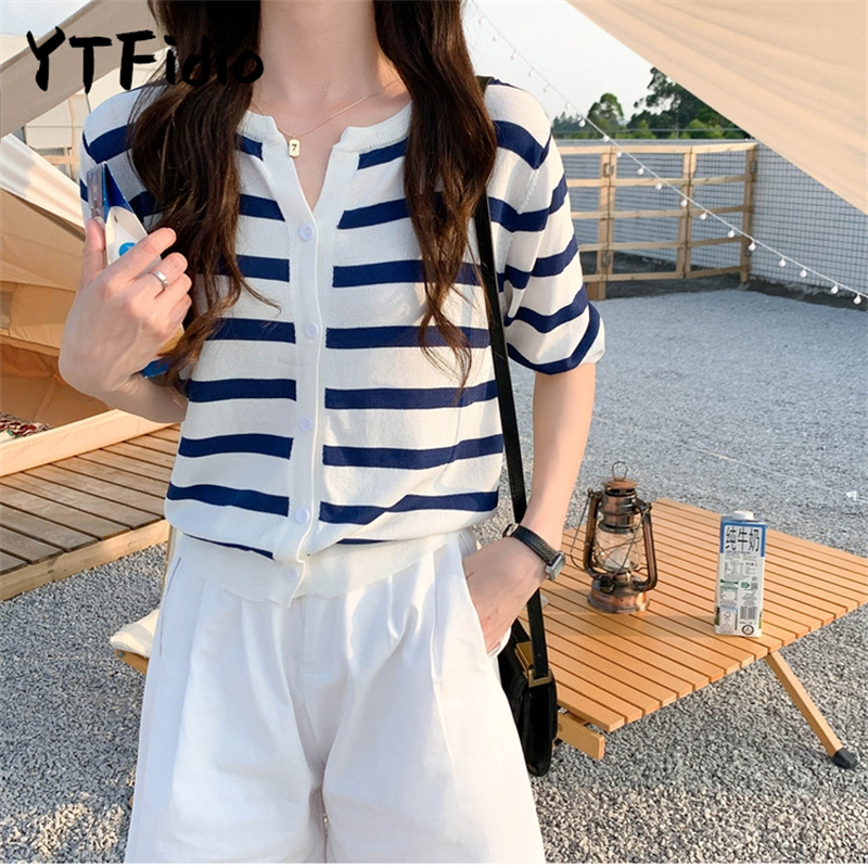 YTFidio 100% coton femmes rayé Cardigan à manches mi-longues col en v rayé pull décontracté basique femme Cardigan 199