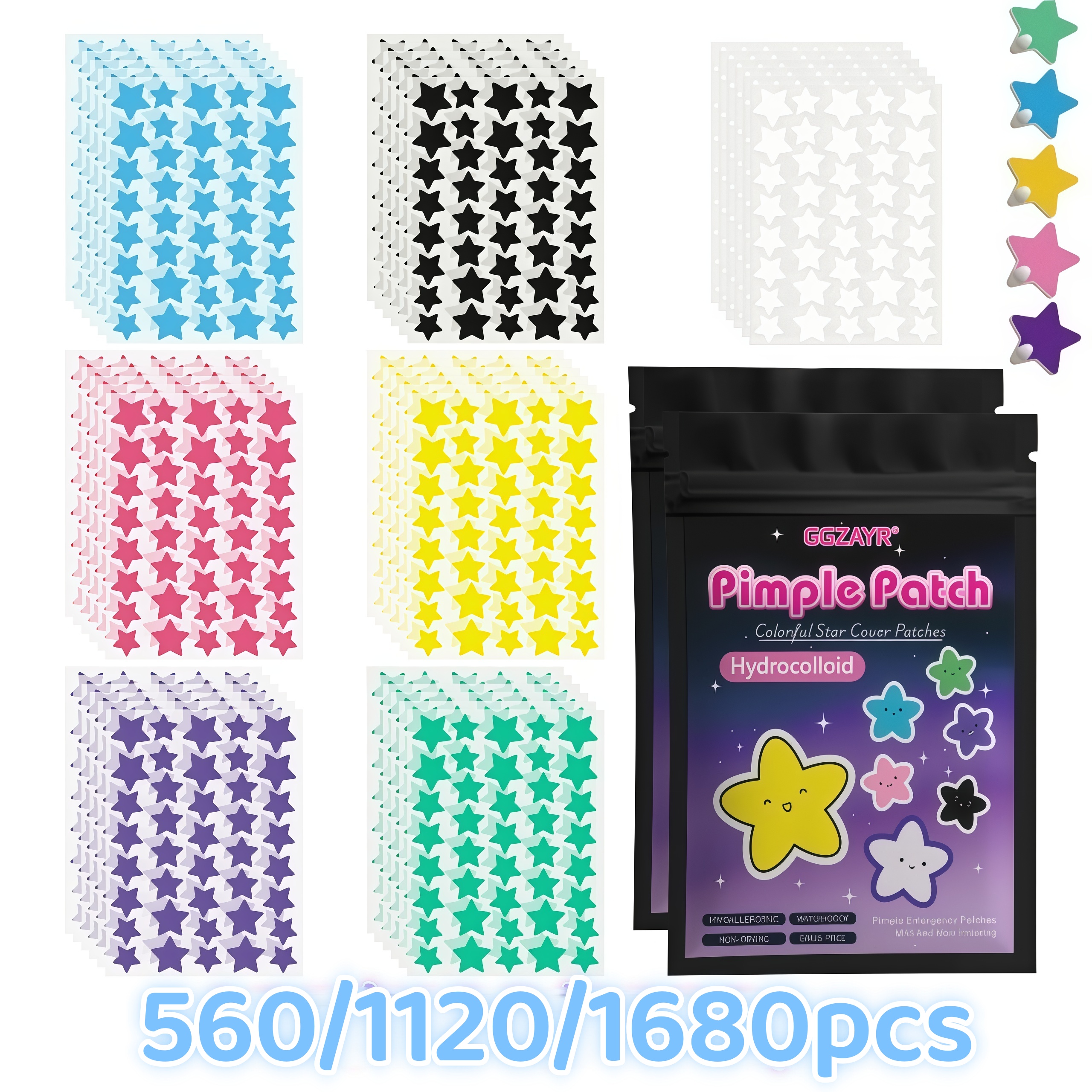 560/1120/1680 Parches Vibrantes para el Acné con Forma de Estrella, Divertidos Adhesivos Hidrocoloides, Cubren Granos e Imperfecciones, Ideales para Viajes y Seguros para la Piel