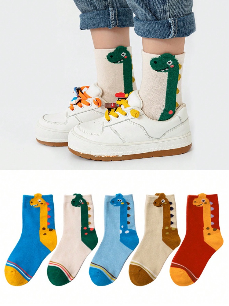 5 par czterosezonowych skarpet dziecięcych na wiosnę i jesień Cartoon Neck Dragon Dinosaur Boys and Girls Mid-calf Socks Baby Socks