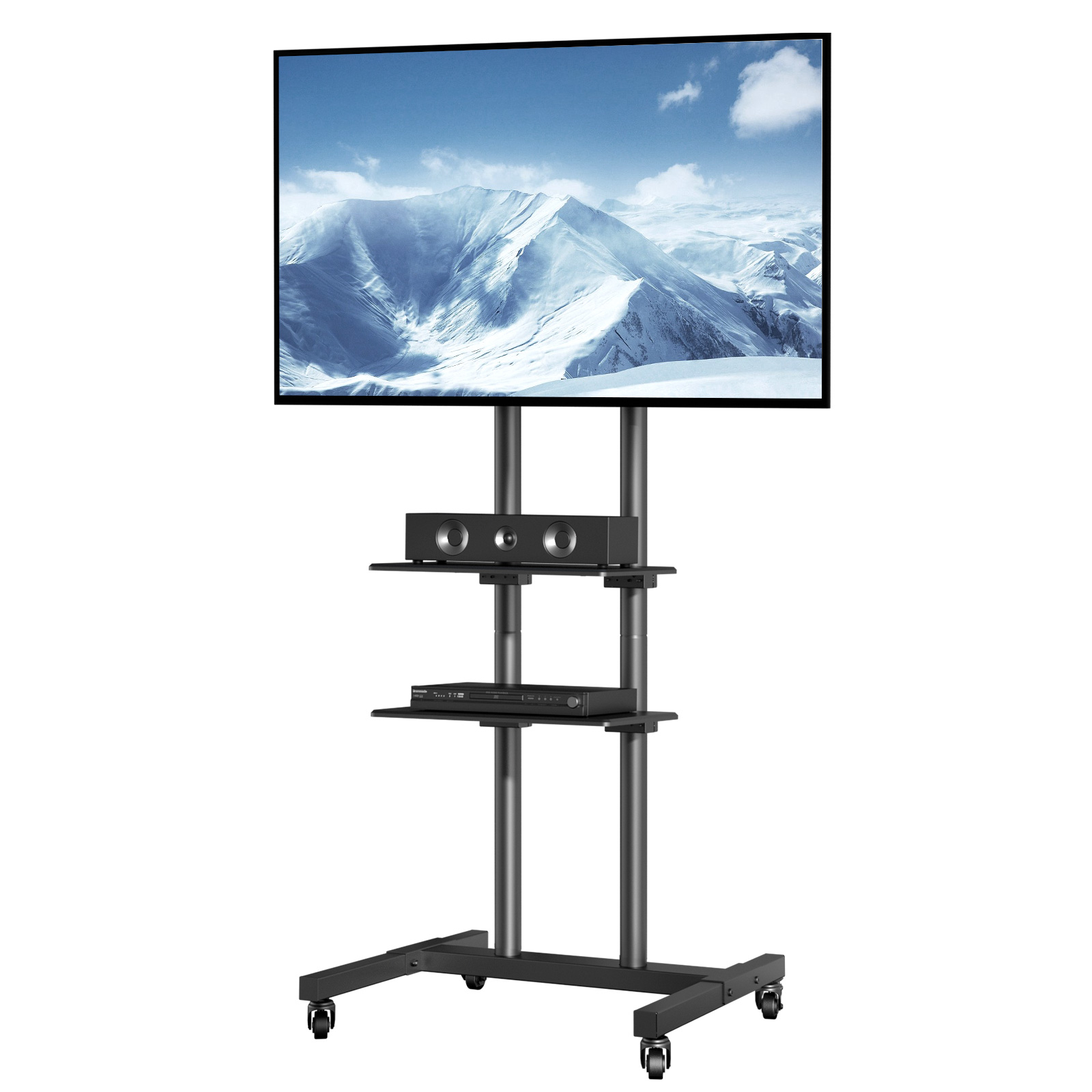 SucceBuy Mobiler TV-Ständer, höhenverstellbarer TV-Ständer mit Rollen, Doppeltablett für audiovisuelle Geräte, rollender TV-Ständer für Schlafzimmer