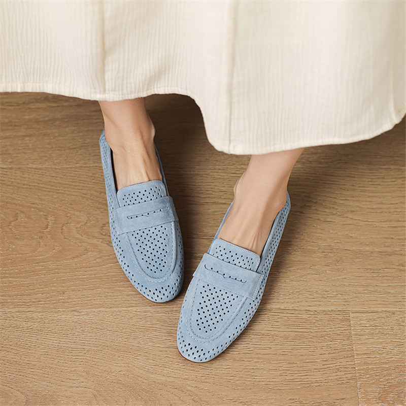Sepatu Wanita Suede Domba Musim Semi/Musim Panas Baru Sepatu Ujung Bulat untuk Wanita Sepatu Pump Wanita Berongga Modis Sepatu Hak Rendah Buatan Tangan