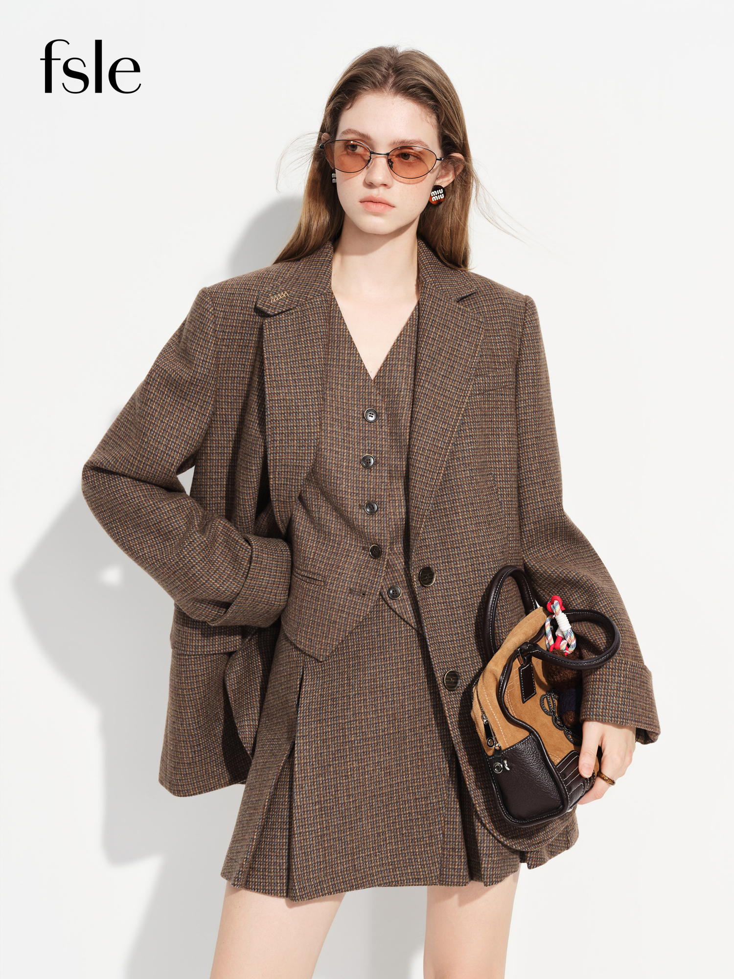 FSLE 【Premium-serie】Nieuwe damespak van bruin wol, geruit pak, blazer, vest, rok, driedelig aankoord, vintage kantoor-chique pak