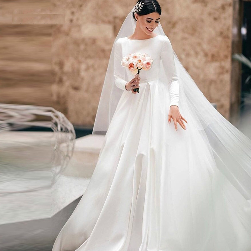 맞춤형 Vestidos De Novia 간단한 빈티지 화이트 새틴 웨딩 드레스 긴 소매 Princesa Bridal 가운 CustomizedRobe Mariée