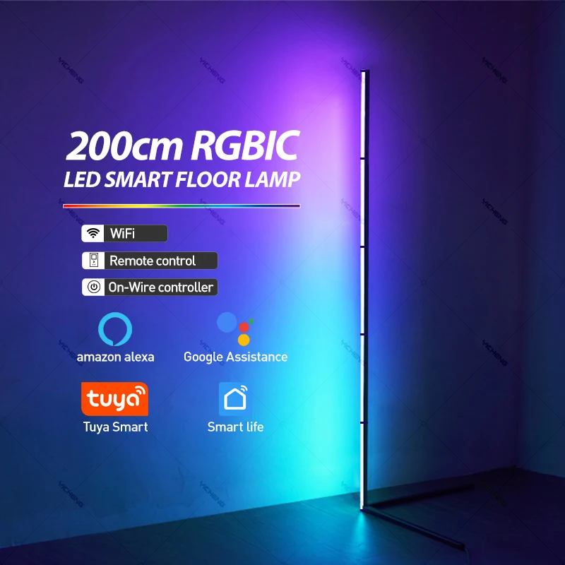 Lámpara de pie de esquina inteligente RGBIC blanca de 200 cm, aplicación y control remoto Tuya, colores y efectos ajustables, luz de pie moderna para Liv
