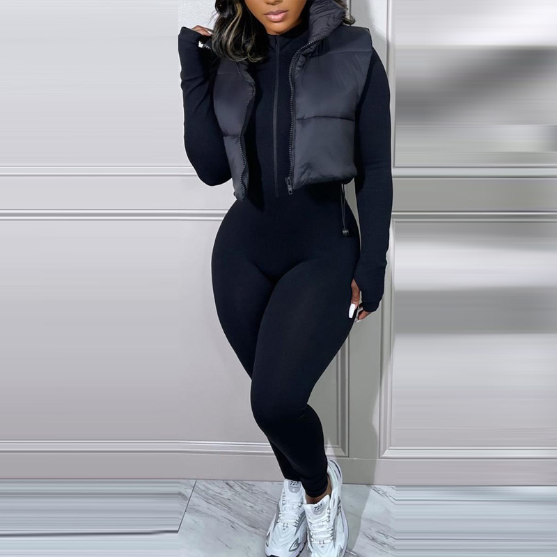 Mandylandy Short Coats Sleeveless Short Cotton Padded Jacket Outwear Women Plain Zip Up Quilted Gilet Puffer Jacket Outwear
