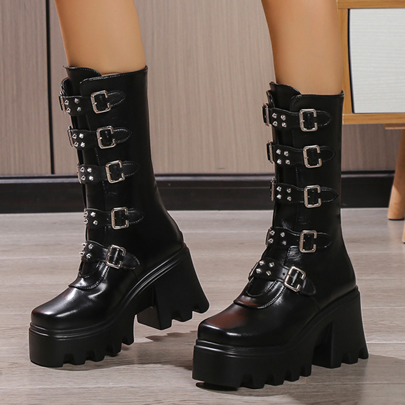 Damen Gothic Blockabsatz Mittelkalb Stiefel Metallschnalle Riemen Plattform Punk Stiefel Frau Dicker Boden PU Leder Motorradschuhe