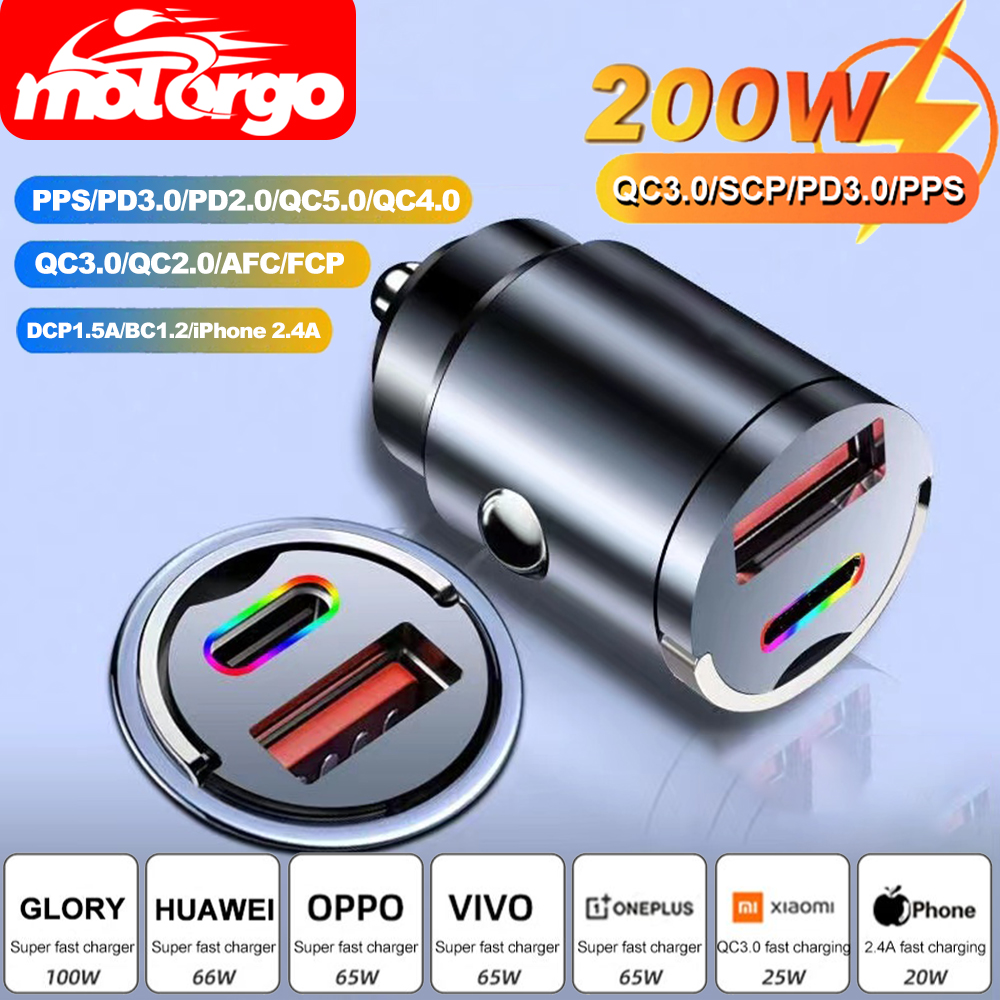 Mini cargador de coche QC3.0 PD de 100W/200W, 12-24V, de carga rápida mechero, USB tipo C, para Xiaomi, Samsung, Huawei, iPhone