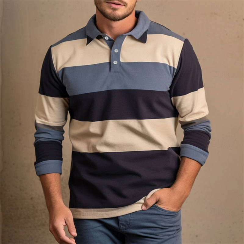 Męska koszulka polo w paski, casualowa, jesienna, outdoorowa, uliczna, z nadrukiem 3D, z długim rękawem, luźna odzież męska.