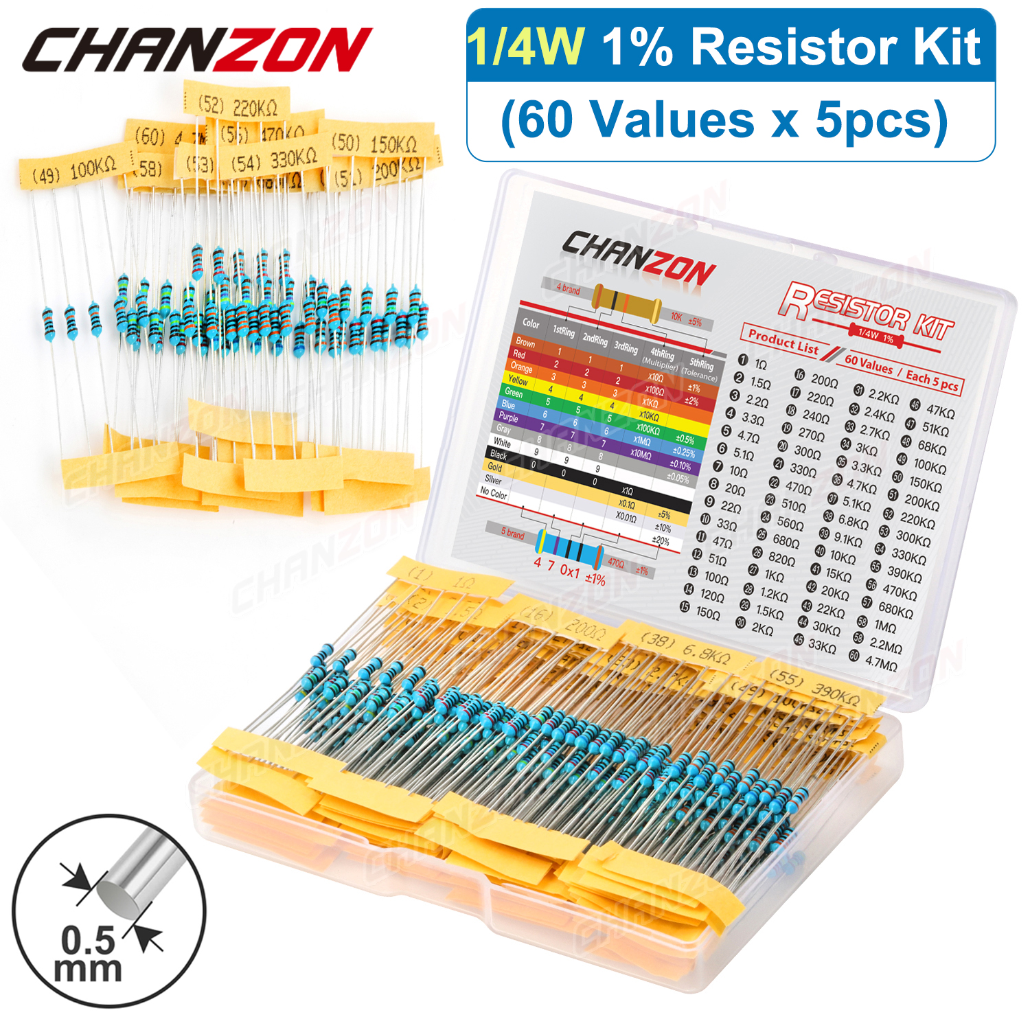 Kit de resistencias de película metálica de 60 valores 1/4W 300 unids/pack 1 10 220 330 470 1K 4,7 K 10K Ohm 1% surtido de resistencias de alta precisión
