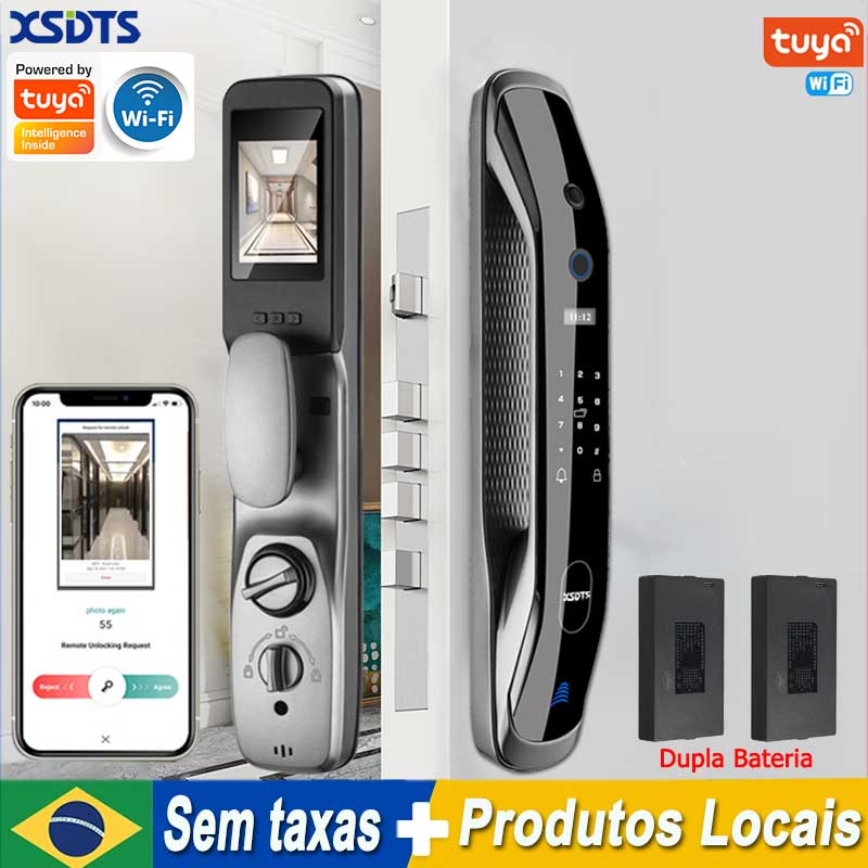 Novo bloqueio biométrico de impressão digital segurança inteligente fechadura da porta senha fechaduras eletrônicas chave cartão ic desbloquear app câmera fechadura eletrônica 2 peças de baterias