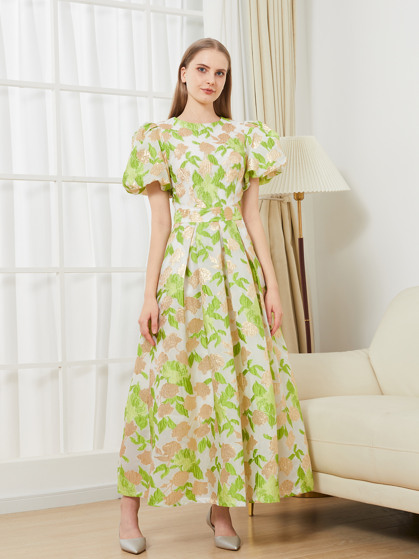 Neue Luxus Damen Puff ärmel Stickerei Jacquard Prinzessin Party kleid lange elegante Kleider für Abschluss ball Blume Party kleid hübsch