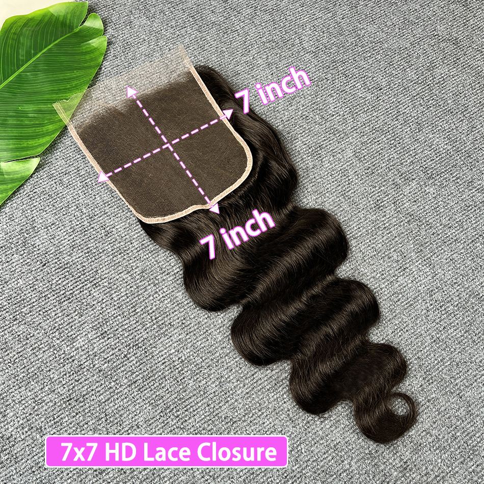 cheveux humains de vague de corps de fermeture de dentelle de 7x7 HD pré-épilés invisibles # Cheveux 100% humains invisibles de dentelle de peau fondue de couleur noire naturelle 1B