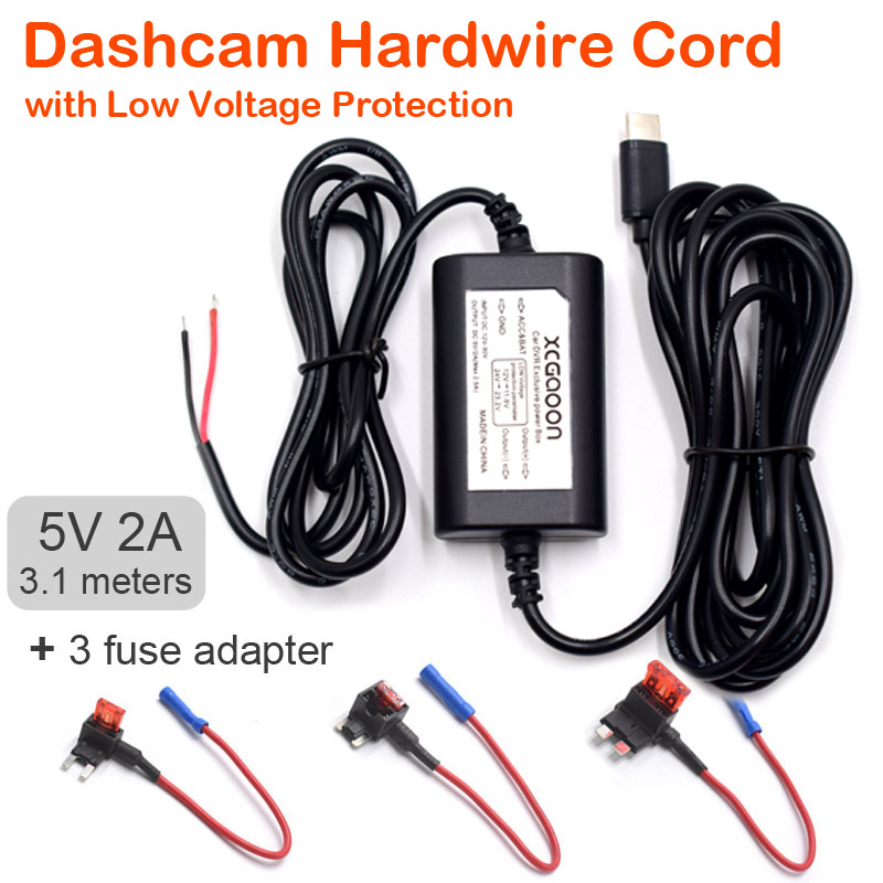Câmera Veicular 5V 2A com Kit de Fiação, Cabo de Alimentação com Mini Micro Tipo-C USB de 3,1 Metros para Carregamento Automático