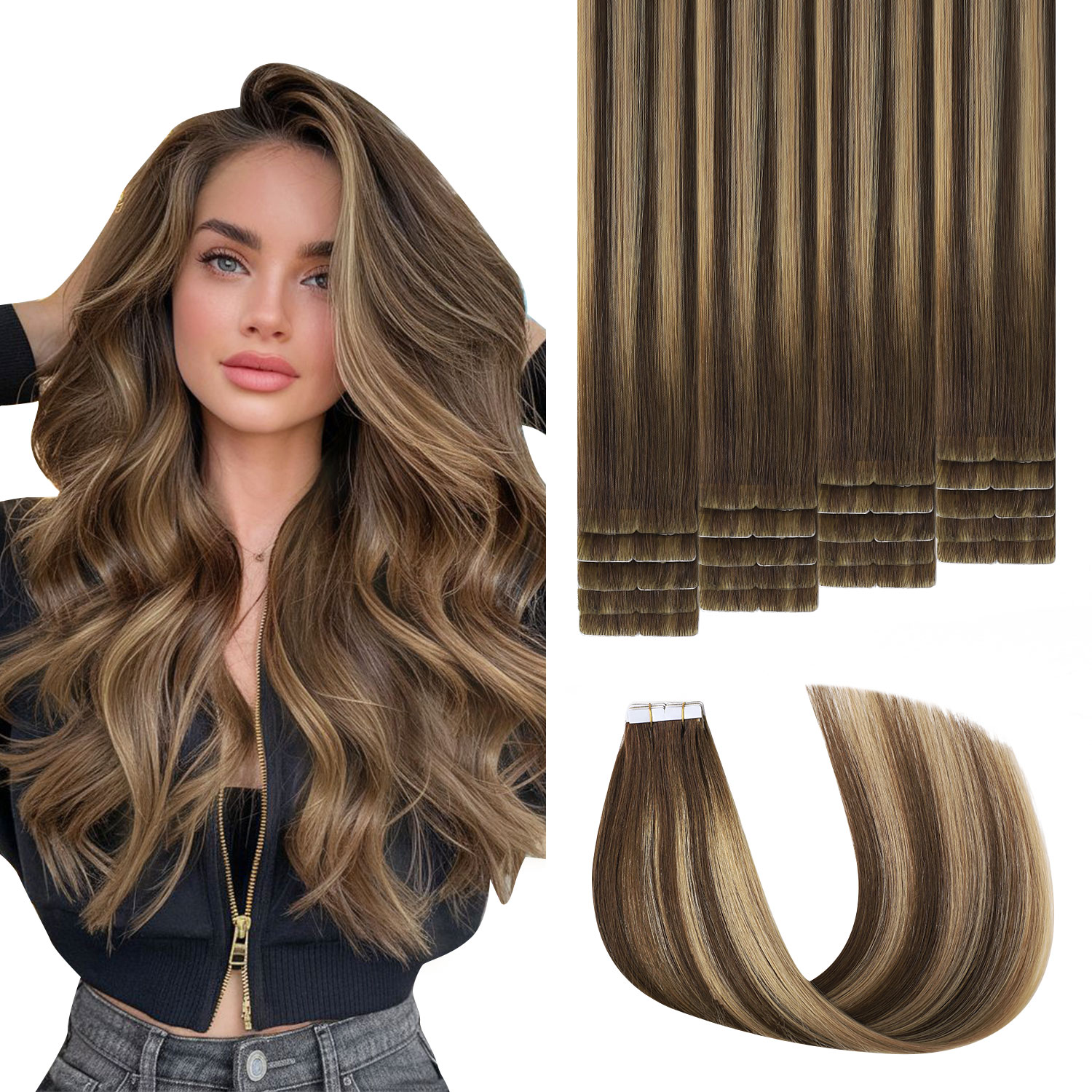 Sweetmet Przedłużanie Włosów Naturalnych na Taśmę 3. Generacji Pro3.0 # 4/27/4 Brun Chocolat z Blond Miel 20 sztuk 30g-50g 35cm-55cm Niewidoczna Taśma Klejąca do Przedłużania Włosów Naturalnych
