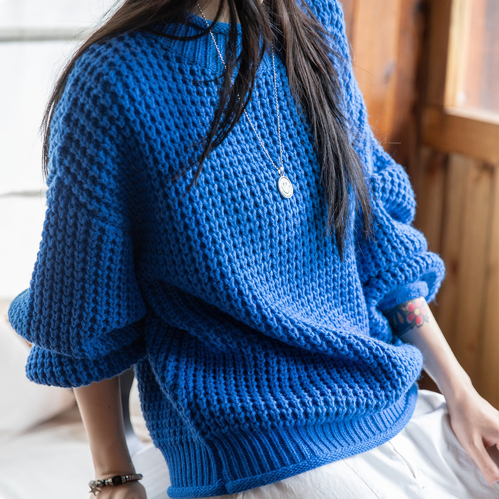 MADEN Maglione lavorato a maglia blu fiordaliso da donna 2024 Nuovo maglione pullover caldo autunno inverno manica lunga colletto arricciato maglieria