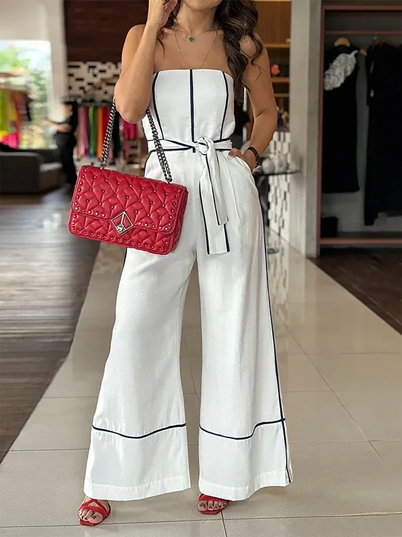 Tuta elegante senza maniche da donna con laccio in vita regolabile - Pantaloni bianchi a gamba larga, perfetti per la primavera/estate/autunno