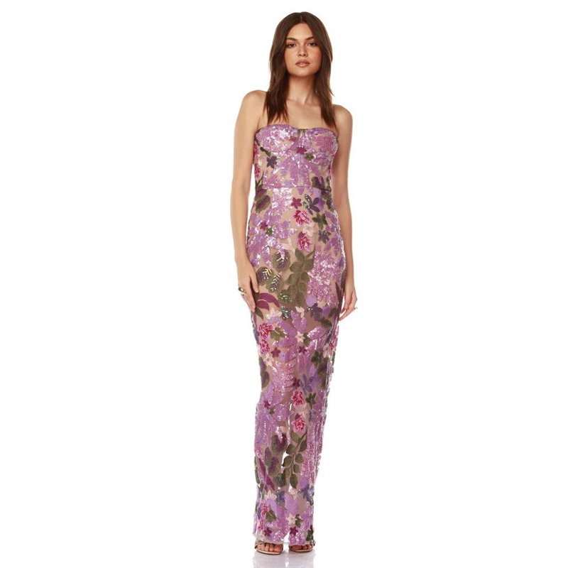 Neues Sexy Besticktes Perlen-Blumen Trägerloses Rückenfreies Partykleid, Damen Figurbetontes Tailliertes Fischgräten-Partykleid Lang