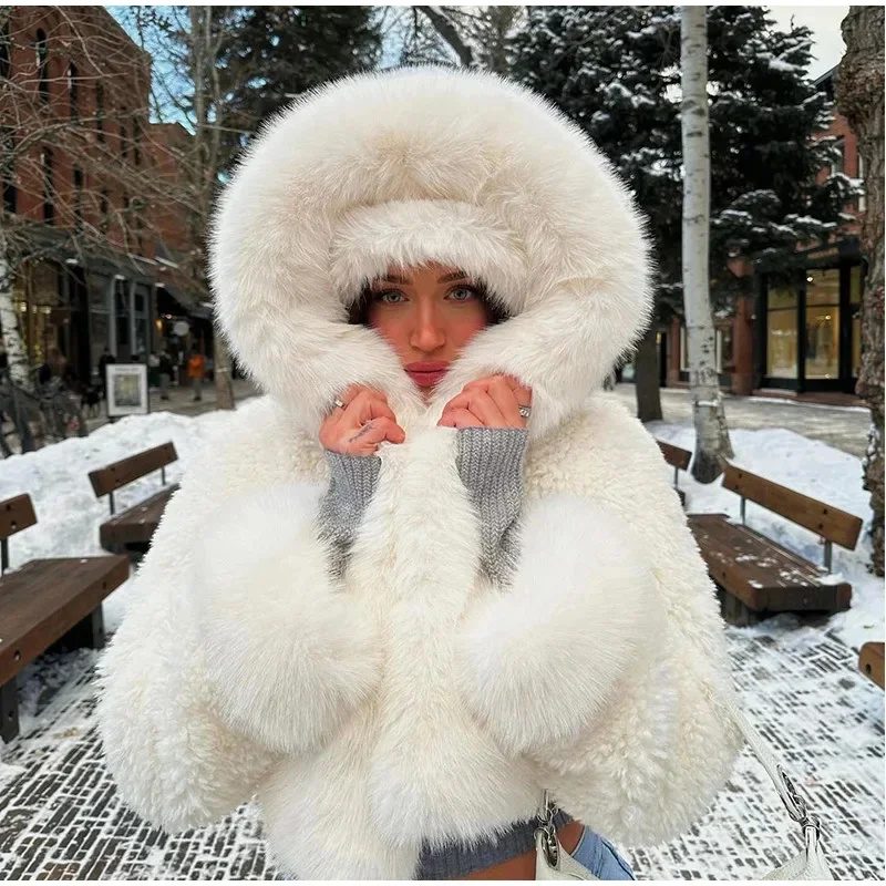 Повседневное пальто с капюшоном из искусственного меха, женская мода, пушистый большой воротник, белые зимние куртки, зимняя теплая толстая верхняя одежда большого размера
