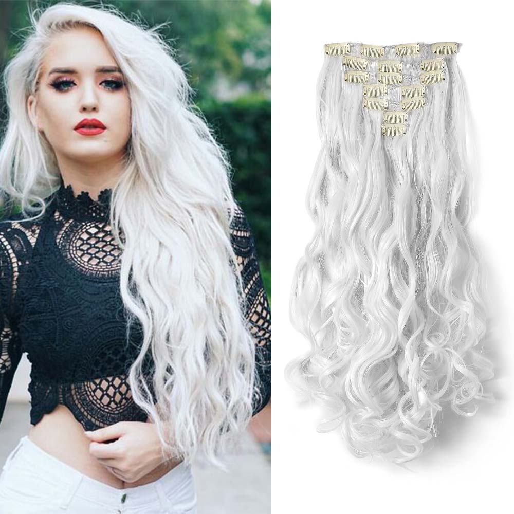 Extensiones de Cabello Sintético con Clip, Ondulado, Largo, 22 Pulgadas, Elegante, Color Blanco, 7 Piezas/Juego, 16 Clips